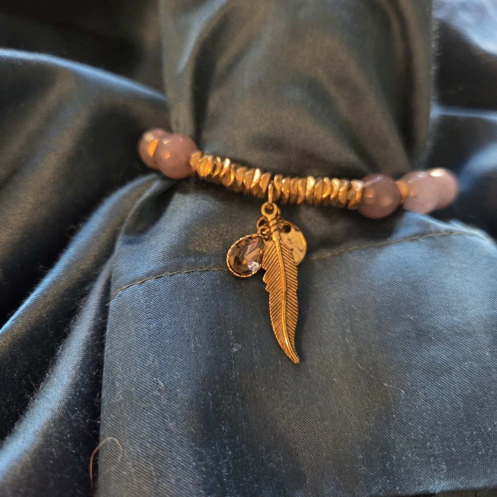 Gold and Purple Beaded Bracelet with Feather Charm